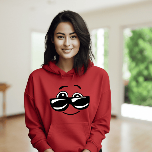 Red hoodie with fun character wearing glasses