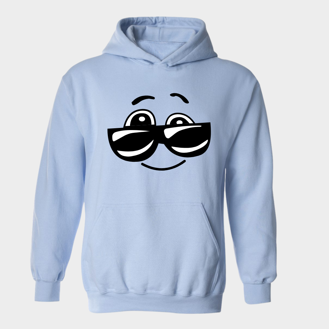 Red hoodie with fun character wearing glasses