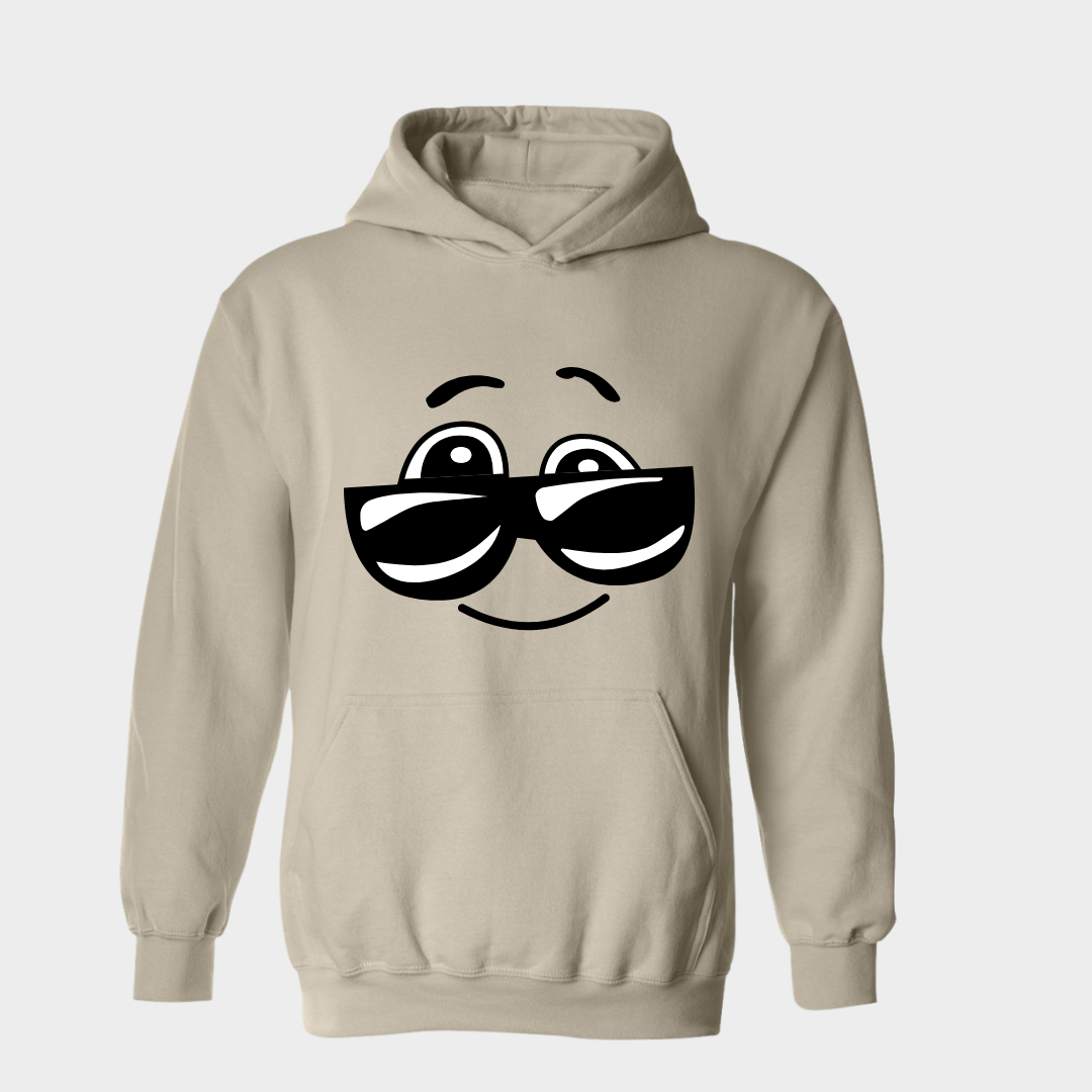 Red hoodie with fun character wearing glasses