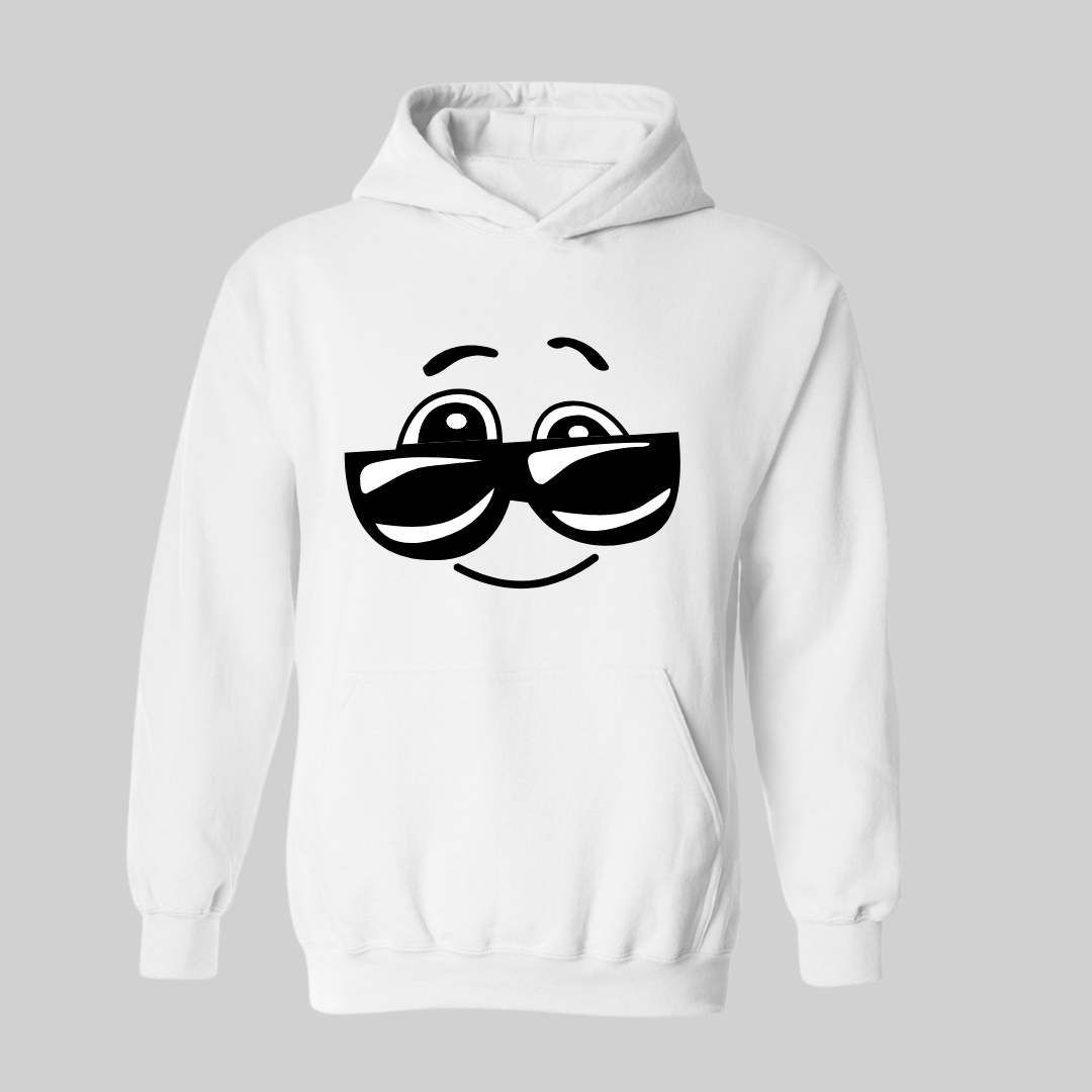 Red hoodie with fun character wearing glasses
