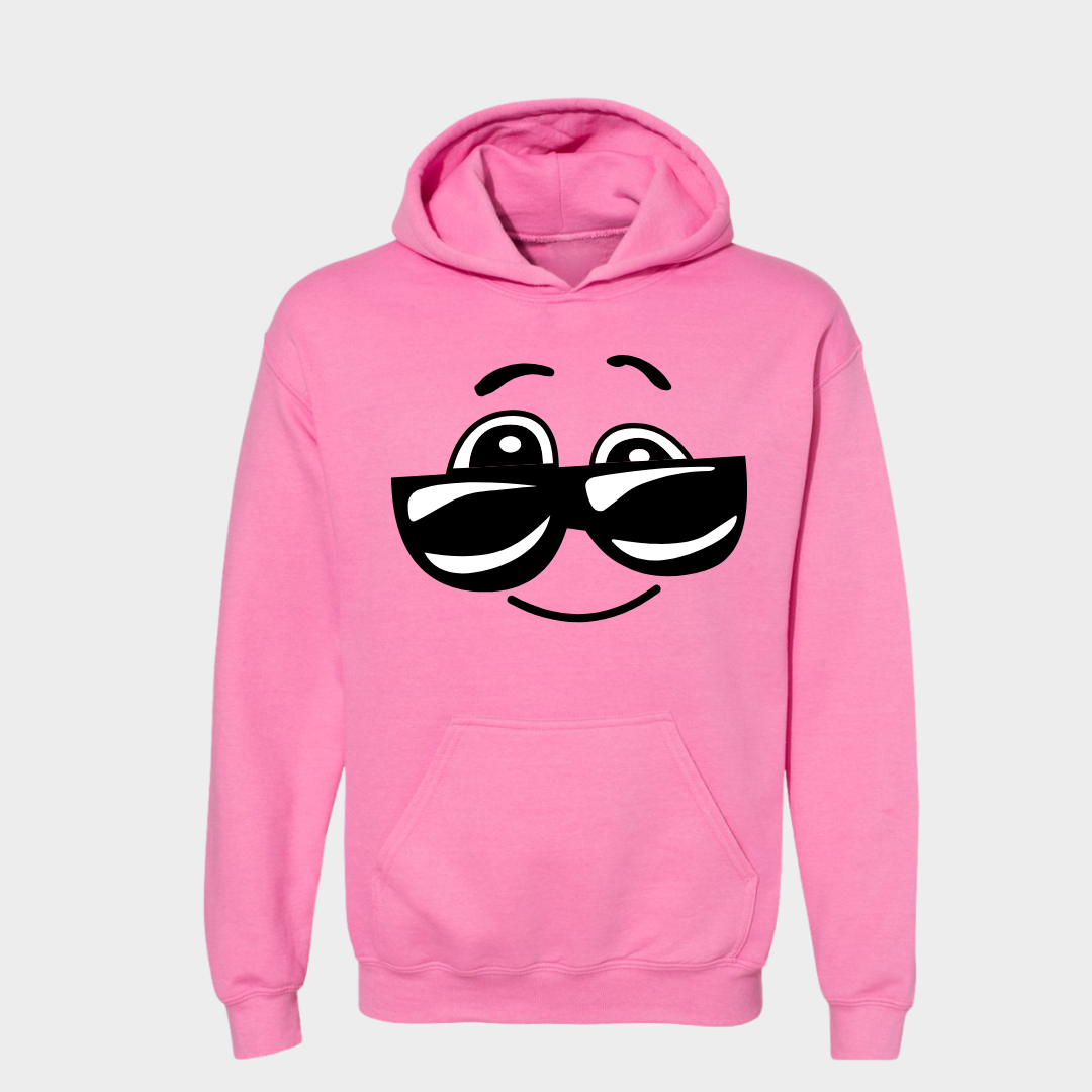 Red hoodie with fun character wearing glasses