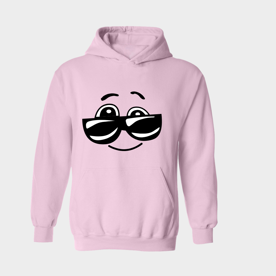 Red hoodie with fun character wearing glasses