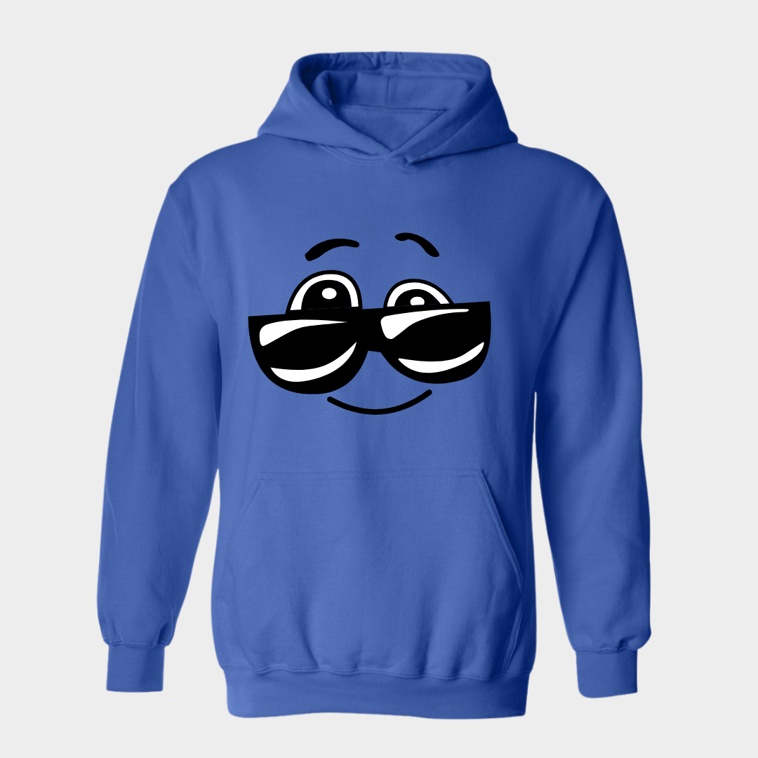 Red hoodie with fun character wearing glasses
